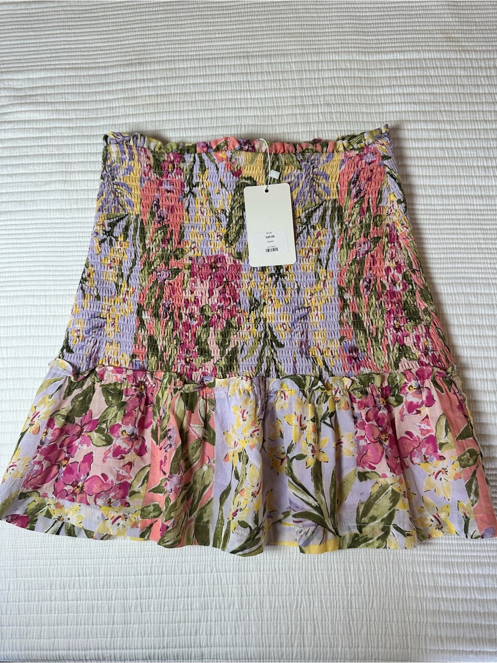 Smocked Floral Ruffle Mini Skirt - Pink, Lavender & Green